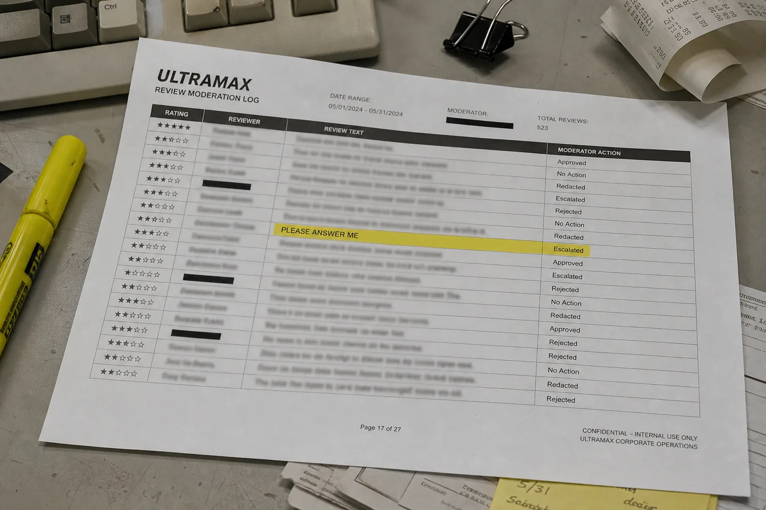 Recovered complaint and review moderation printout