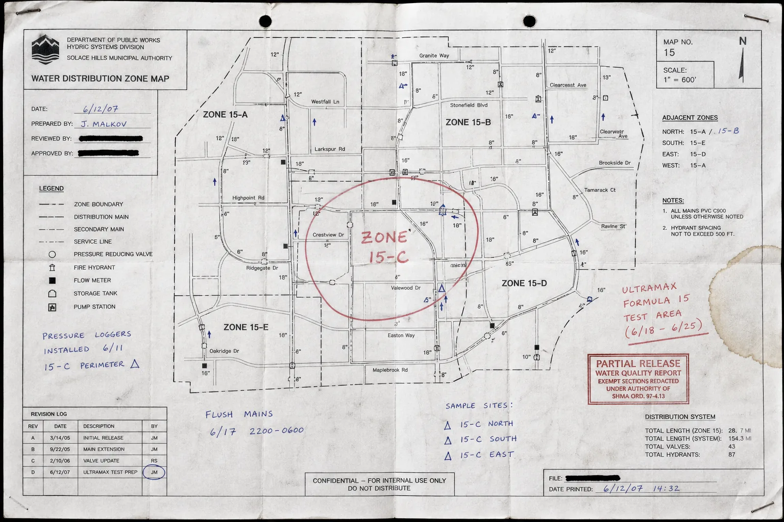 Photocopied municipal water zone map with Zone 15-C annotations