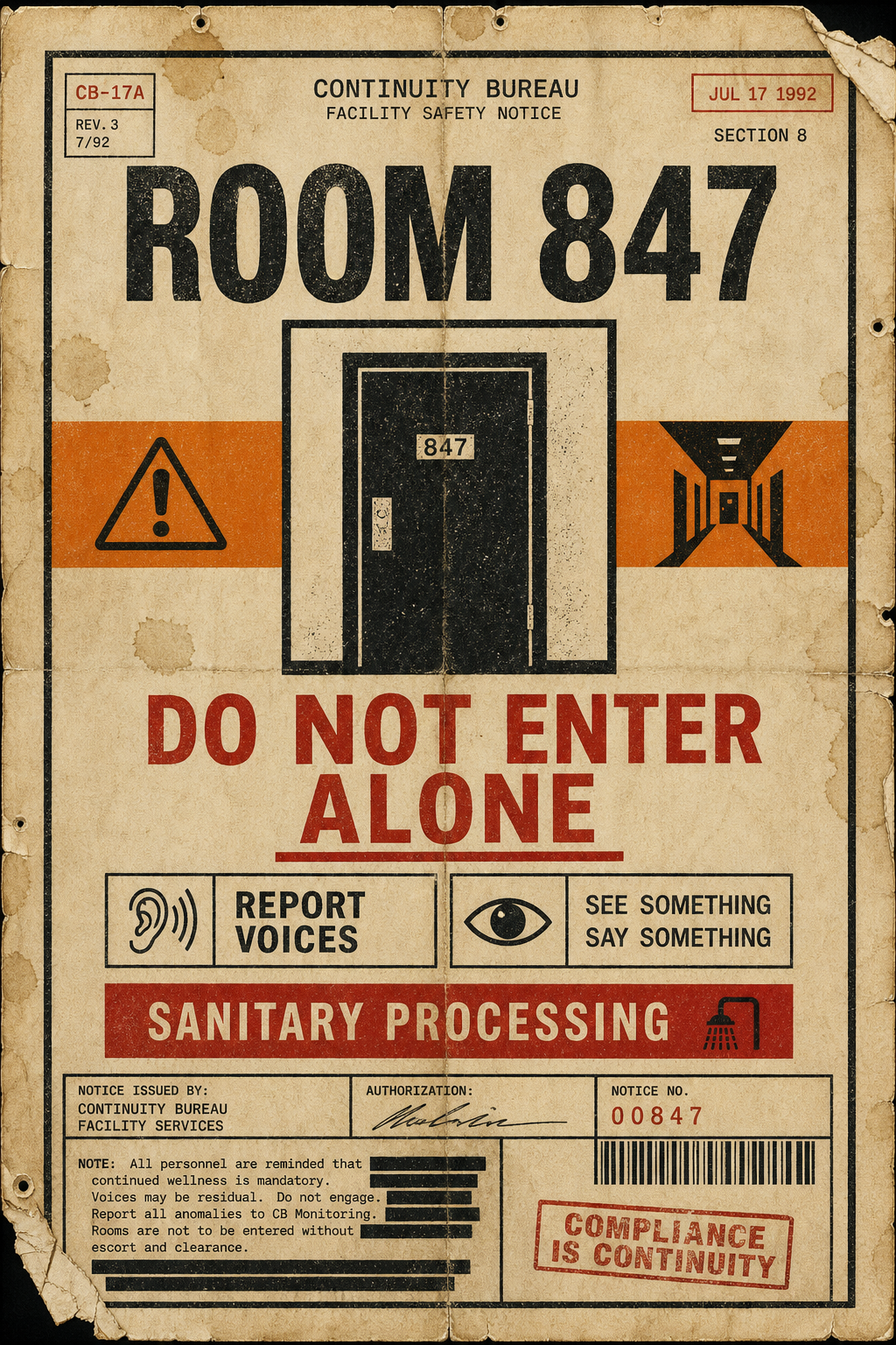 Room 847 warning poster